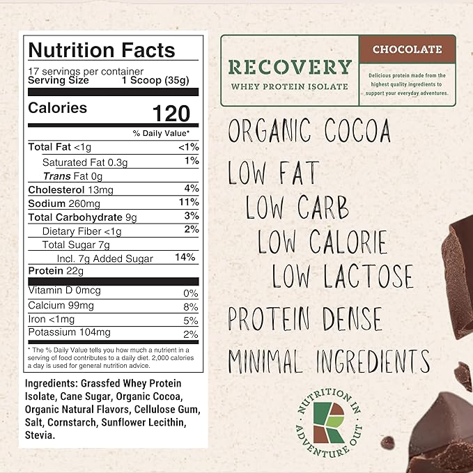 Whey Protein Isolate - Grass-Fed Protein Powder for Recovery - 22g of Protein - 17 Servings (One Size Chocolate)