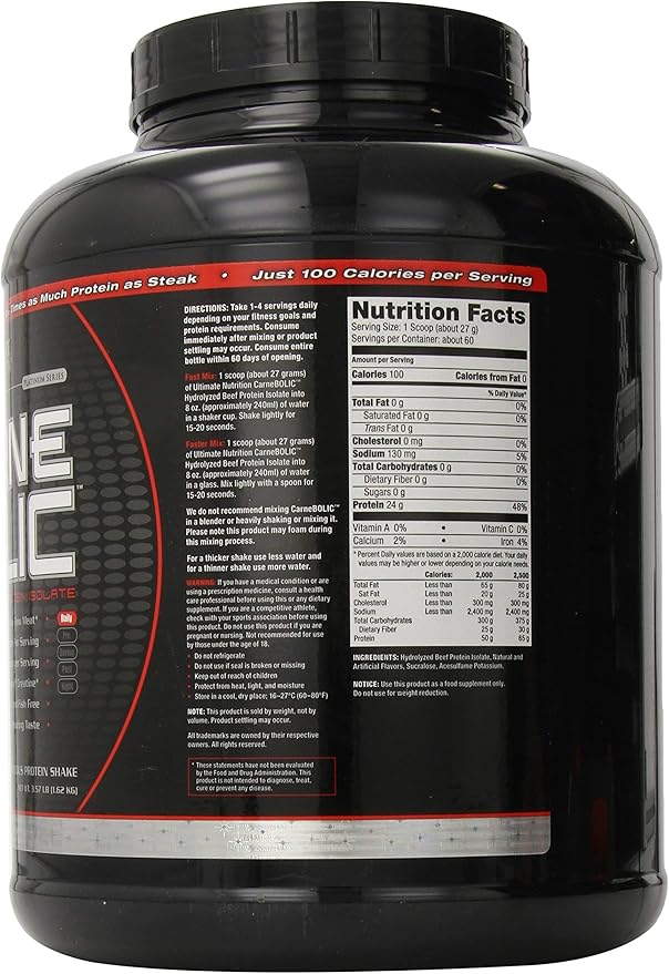 Ultimate Nutrition Carne Bolic Beef Protein Powder Lactose Free Protein Shakes Paleo and Keto Friendly with No Sugar or Carb Low Calorie Isolate Powder Hydrolized Protein 60 Servings Vanilla