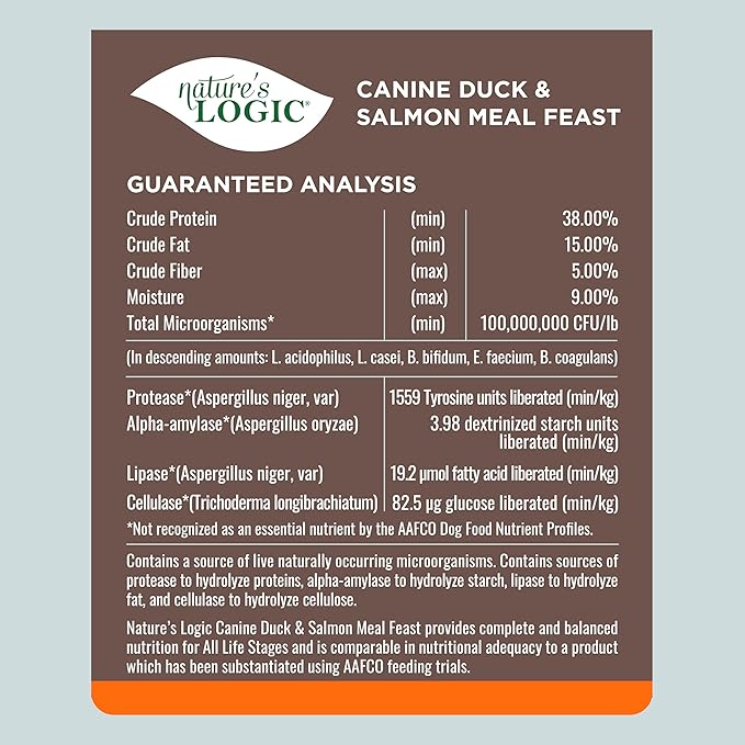 NATURE'S LOGIC Dry Dog Food - 100% Natural - No Synthetics - for All Ages Sizes Breeds - Free from Common Allergens High Protein - Duck &amp Salmon Meal Feast 25lbs