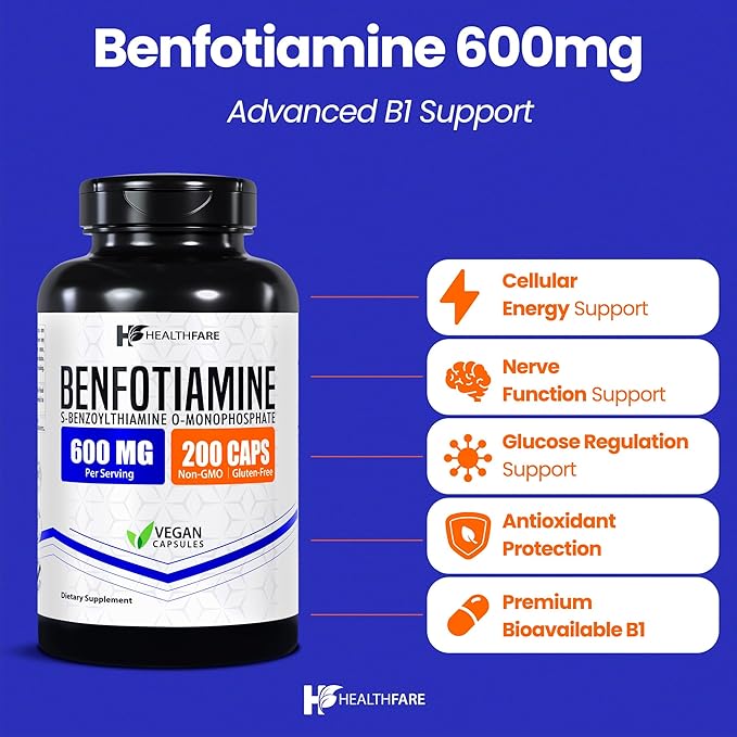 Healthfare Benfotiamine 600mg | 200 Veg Capsules | Enhanced Absorption | Supports Overall Health | Increased Bioavailability