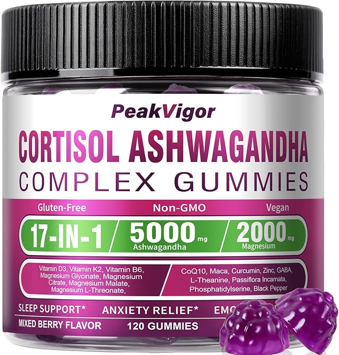 8000mg Ashwagandha Gummies 2000mg Magnesium Complex 17-IN-1 Ashwagandha Supplements Anxiety Gummies for Women and Men with Vitamin D3 K2 &amp CoQ10 &amp Curcumin &amp maca root120 Gummies