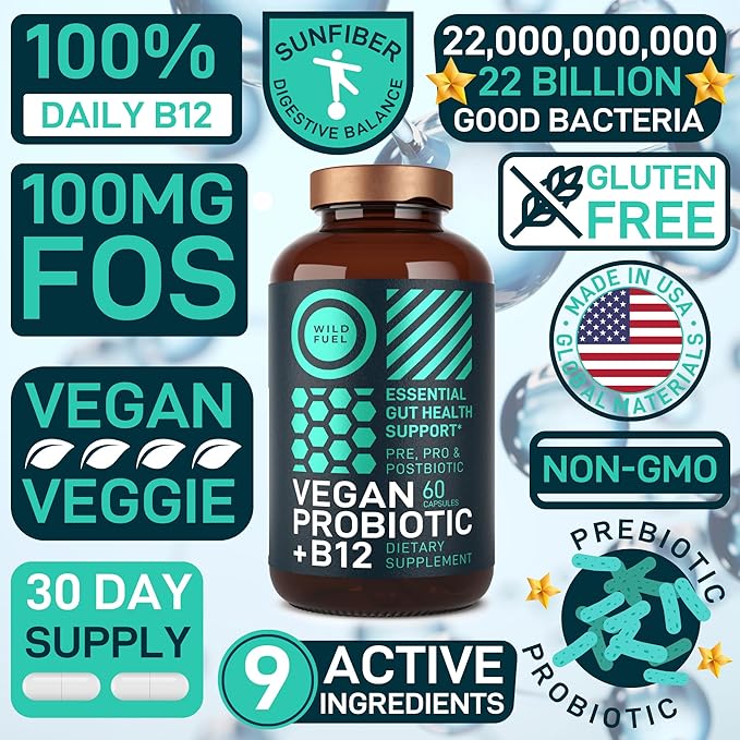 WILD FUEL Vegan Probiotic Plus B12 and Liquid Collagen Peptides with Biotin Wellness Bundle