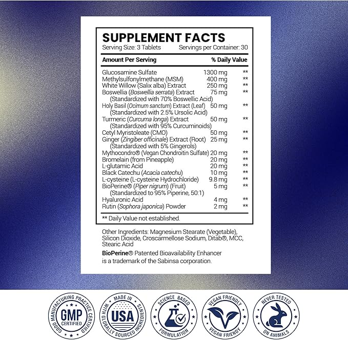 Research Verified Joint Support - Glucosamine MSM Turmeric Boswellia BioPerine - Vegan - 270 Capsules - 3 Month Supply