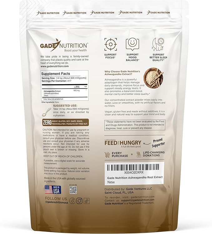 Gade Nutrition Pure Ashwagandha Root Extract Powder | Non-GMO Gluten-Free Dairy Free &amp Vegan 250g (8.8 oz) 600mg per Serving 417 Servings | USA Made