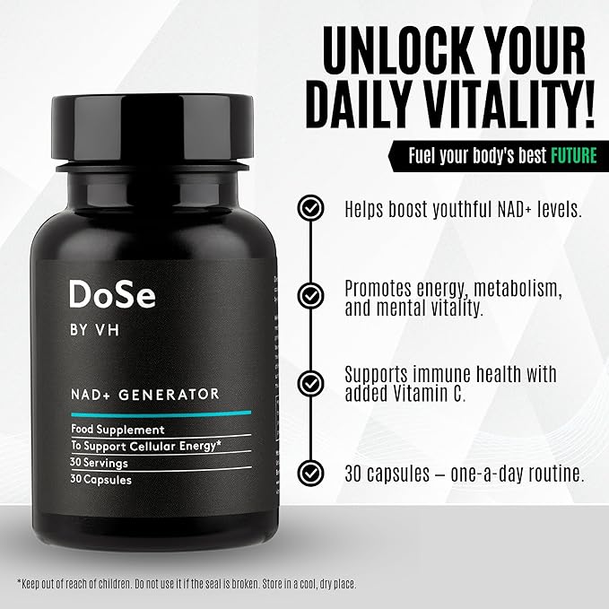 DoSe by VH NAD+ Generator – NAD Supplement with RiaGev-WS Vitamin B3 &amp Vitamin C – Supports NAD+ Levels Cellular Energy Metabolism &amp Healthy Ageing – Vegan Capsules (30 Capsules)