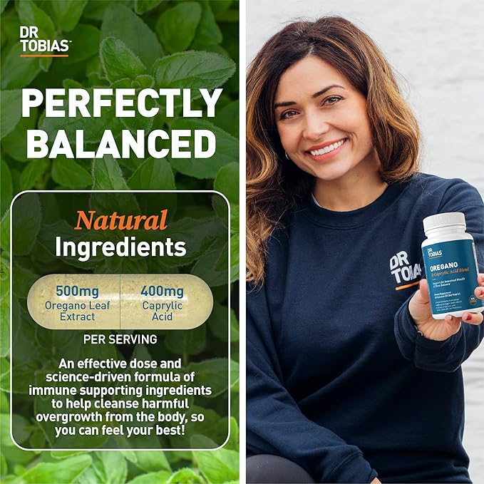 Dr. Tobias Oregano and Caprylic Acid Blend Gut Flora Balance Complex with Probiotics &amp Enzymes for Intestinal and Immune Support Gut Health Supplements for Women &amp Men 120 Capsules 60 Serv