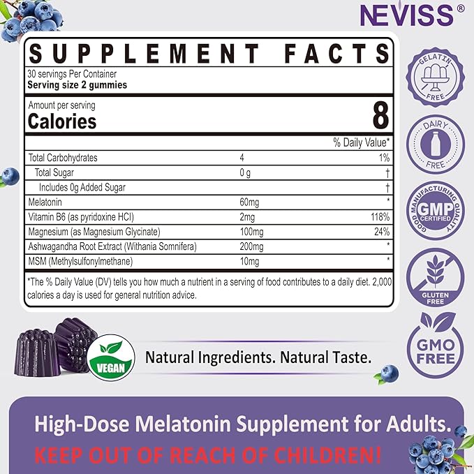 Antioxidant &amp Brain Support Melatonin 60mg 30mg for 50+ Adults | High Dose Melatonin for Anti-Aging &amp Immune | Extra Strength Melatonin Gummies with B6 Ashwagandha Magnesium MSM - 120 Gummi