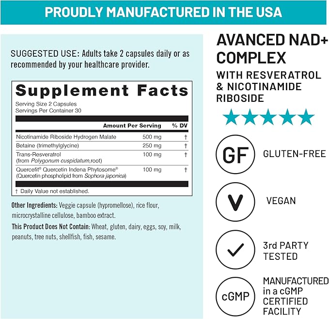 NatureWise NAD+ Support Complex - Nicotinamide Riboside + Resveratrol to Support NAD+ Supplement for Healthy Aging + Clinically Tested Quercefit - USA Manufactured - Non-GMO 60 Count[30-Day Supply]