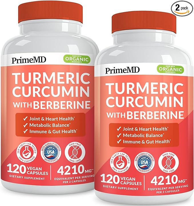 5-in-1 Organic Turmeric Curcumin Supplement (4210mg) with Berberine Ceylon Cinnamon Bioperine and Ginger Supplements for Joint Heart Gut &amp Metabolic Support (120 ct) (Pack of 2)