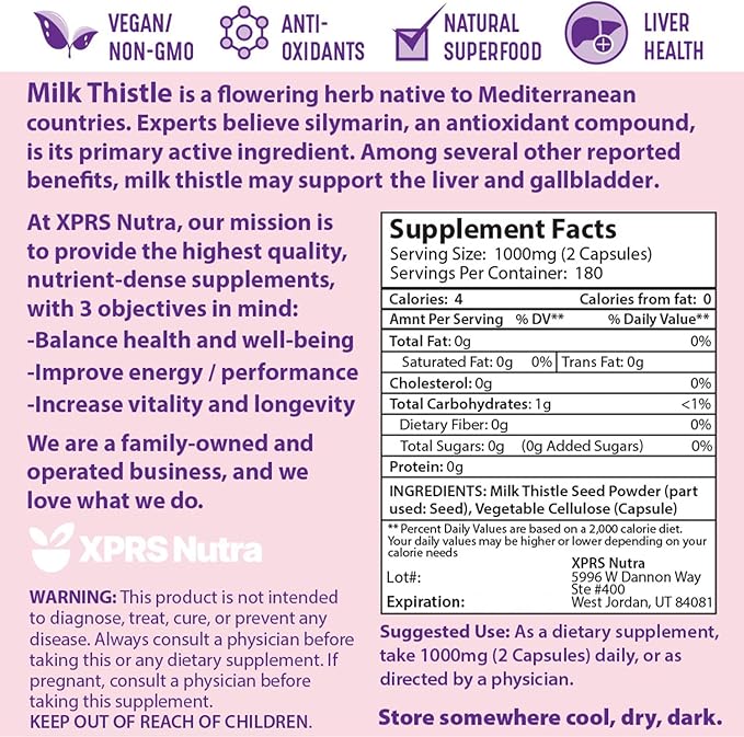 XPRS Nutra Milk Thistle Seed Capsules - 360 Count (6 Month Supply) Premium Milk Thistle Supplement Rich in Silymarin to Support the Liver and Digestion - Pure Non-GMO Cardo Mariano Pills