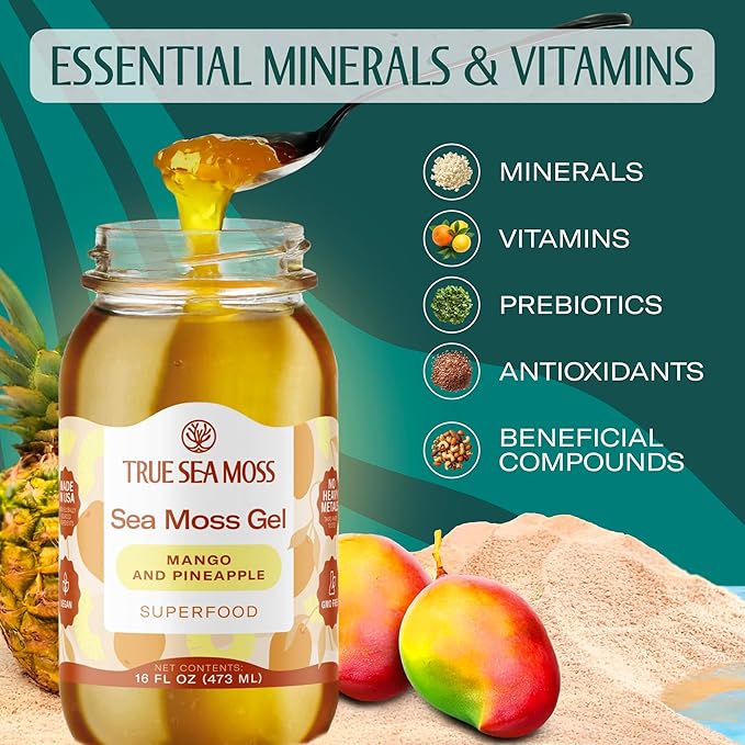 TrueSeaMoss Sea Moss Gel – Made in USA – Wildcrafted Seamoss Fruits &amp Jarred Vegetables – Mango/Pineapple Pack of 1 (Labels may Vary)