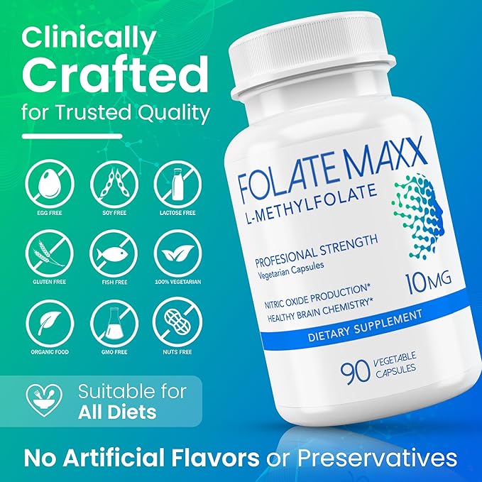 FolateMaxx L-Methylfolate 10mg 90 Capsules – Doctor Formulated Methyl Folate Supplement for Women &amp Men – High Potency 5-MTHF for Energy Mood &amp Focus – Non-GMO Gluten-Free (3-Month Supply)