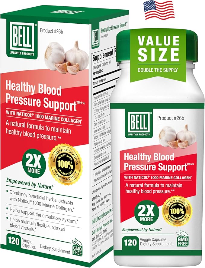 Bell Healthy Blood Pressure Support Unique Blend - Natural Blend of Green Coffee Bean Extract Garlic &amp Celery Seed Extract Supplements with Naticol 1000 Marine Collagen - 120 Capsules Vegan Non