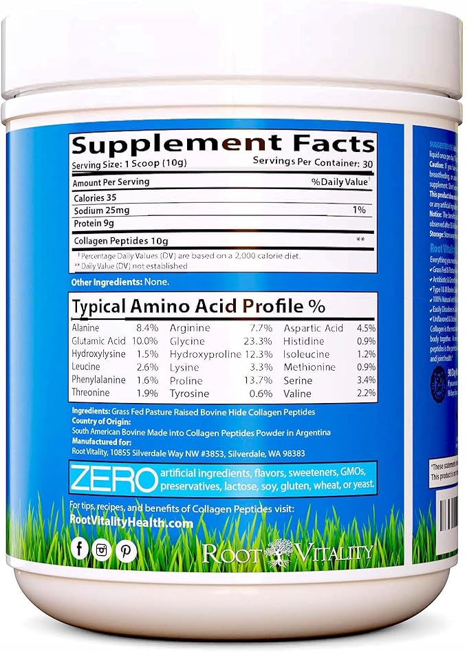 Root Vitality Collagen Peptides Powder - Grass-Fed Pasture-Raised Hydrolyzed Protein Supplement for Skin Hair &amp Nails - Non-GMO Zero Sugar Daily Supplement for Men &amp Women (30 Servings)
