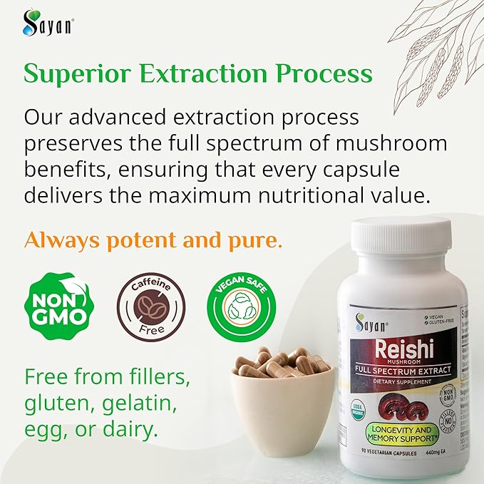 Sayan Reishi Mushroom Extract 90 Capsules/440mg Each – Longevity Vitality Wellness &amp Immune Support Supplement – USDA Organic &amp Vegan – Non-GMO No Fillers or Additives – Always Pure and Po
