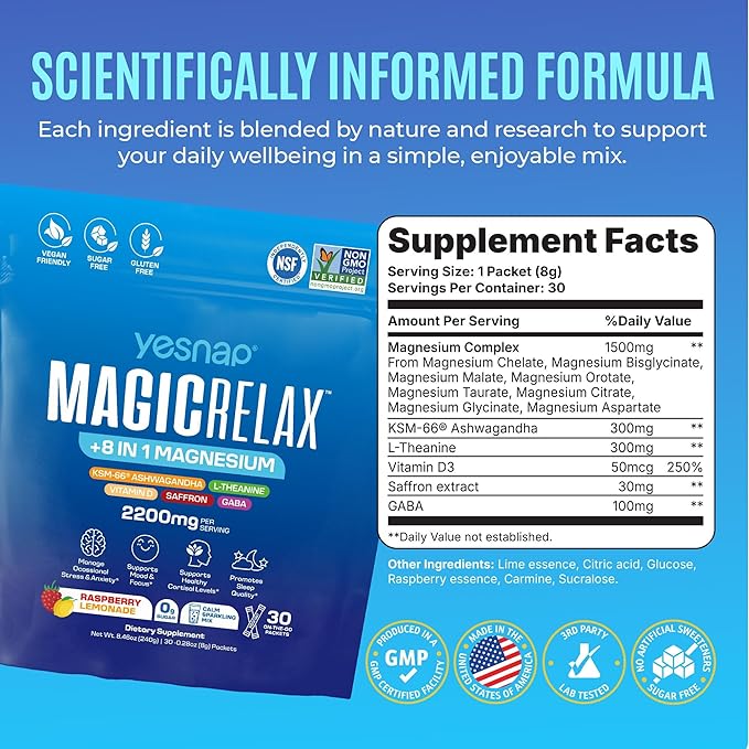 MAGICRELAX Supercalm Sparking Drink Mix Powder 8-in-1 Magnesium KSM-66 Ashwagandha Saffron D3 GABA L-Theanine Supports Healthy Cortisol LevelsMood and Sleep No Sugar Non GMO Raspberry Lemonade Flavor