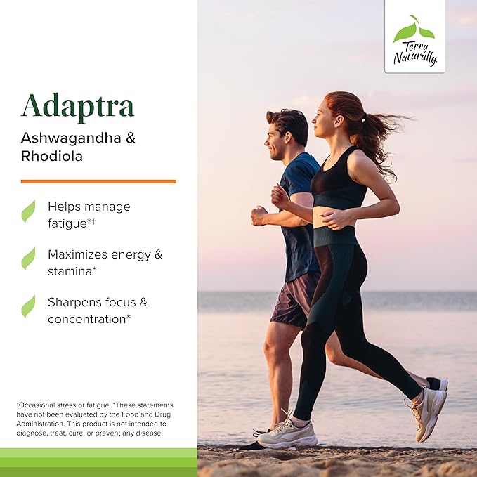 Terry Naturally Adaptra - Supplement to Support Adrenal Health - Ashwagandha Supplement with Rhodiola Rosea Extract - Herbal Supplement to Support Energy &amp Concentration - 60 Capsules