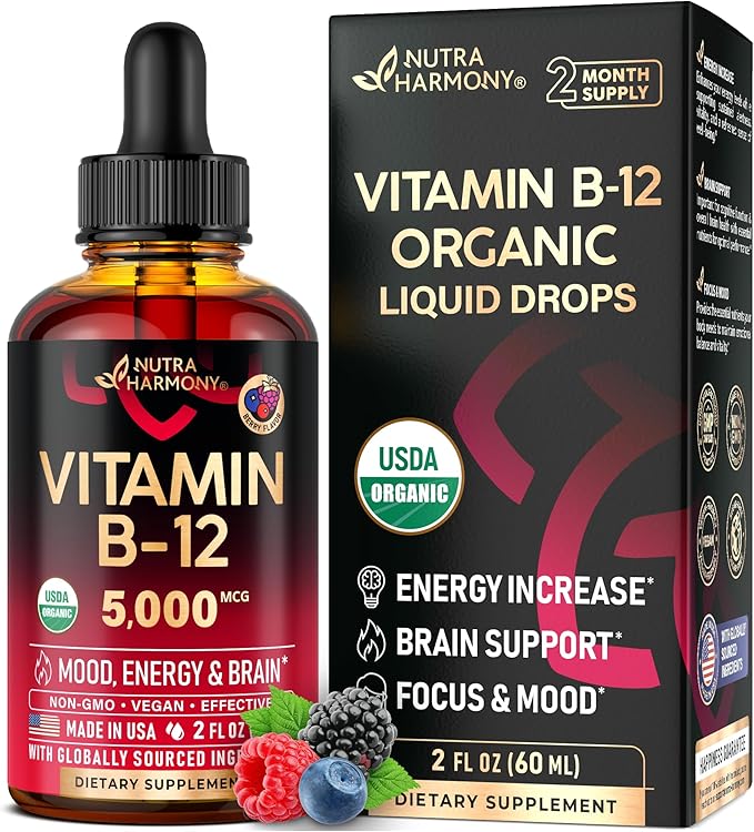 USDA Organic Vitamin B12 Sublingual Drops - 5000 mcg Liquid Vegan Methylcobalamin for Women &amp Men - Energy Boost Focus &amp Mood Brain Health Support - Maximize Absorption - 2 Month Supply 2 f