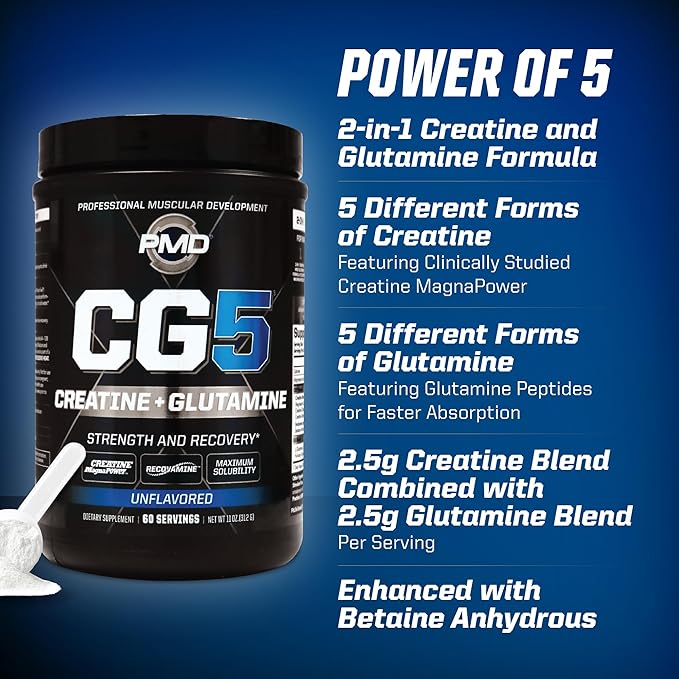 PMD Sports CG5 Premium Creatine &amp L Glutamine Powder Power Recovery Build Lean Muscle Increase Workout Performance Maximum Strength Pre Workout &amp Post Workout Unflavored 60 Servings (Pac