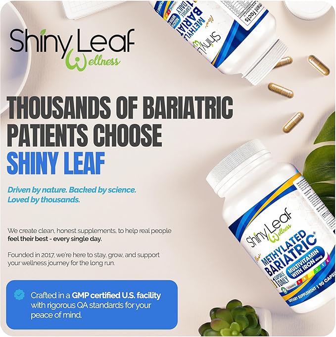 Shiny Leaf Methylated Bariatric Multivitamin with Iron 45mg – Once Daily Capsule Made in USA ASMBS Compliant Bariatric Vitamins for Gastric Bypass &amp Gastric Sleeve for Men &amp Women – (180 Co
