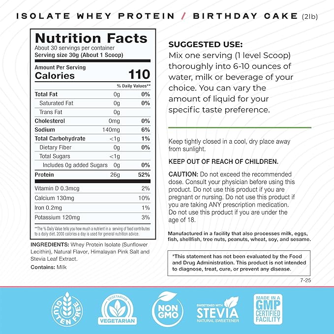 Muscle Feast Grass-Fed Whey Protein Isolate All Natural Hormone Free Pasture Raised Whey Isolate Protein Powder for Men and Women Clean Gluten-Free Delicious Isolate Protein - Birthday Cake 2lb