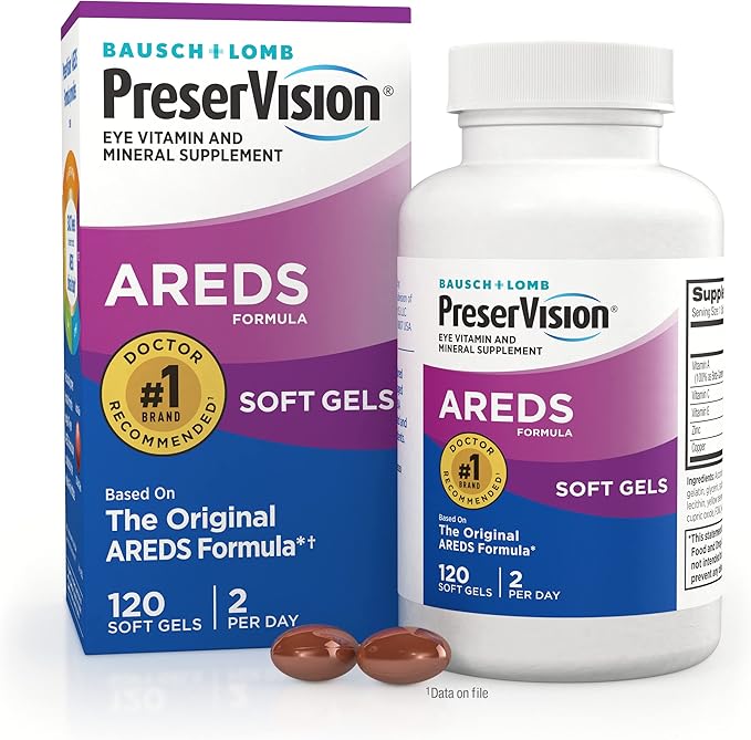 Bausch + Lomb PreserVision AREDS Eye Vitamin &amp Mineral Supplement Tablets 120 Count Bottle (Soft Gels) (Pack of 2)