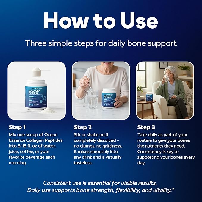 OCEAN ESSENCE Collagen Peptides for Bone Health with Fortibone Vitamin K2 &amp Miricell – Bone Density Support Healthy Aging Easy-Dissolve Collagen Powder for Adults Unflavored Made in USA