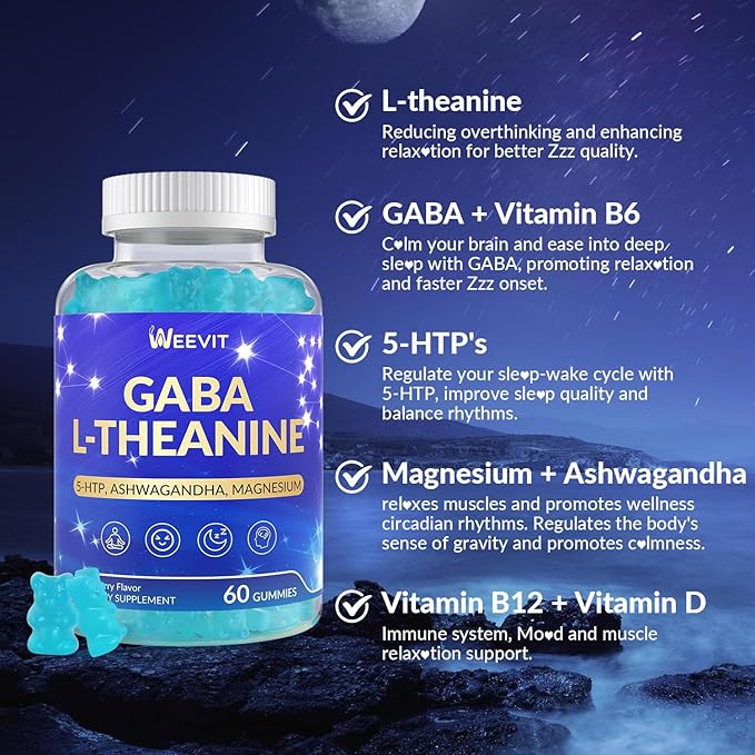 L-Theanine Gummies L-Theanine GABA Supplement with 5-HTP Ashwagandha Magnesium Vitamin B6 B12 - Melatonin-Free for Adults - Non-GMO Vegan