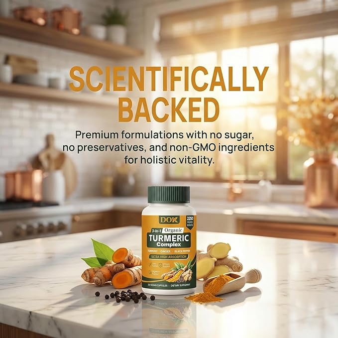 Turmeric Organic 3-in-1 Complex Turmeric Curcumin Supplement with Black Pepper &amp Ginger 2250mg Daily Support Vegan Non-GMO 120 Count (A)