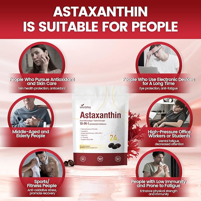 10 in 1 Astaxanthin Supplements 24mg 12 Month Supply Astaxantina Antioxidant from Haematococcus Pluvialis Contains Lycopene Grape Seed Vitamin E &amp More Supports Eye Joints Skin Health 3 B