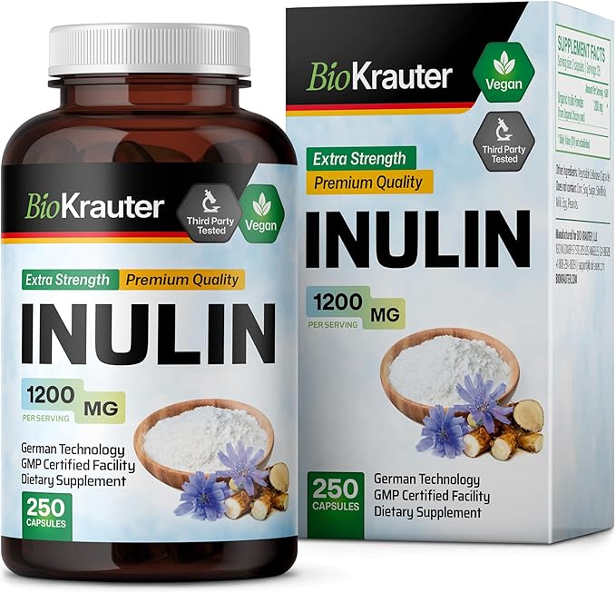 BIO KRAUTER® Inulin Powder from Chicory Root in Capsules 1200 mg per Serving 250 Count - Vegan &amp Pure Inulin Prebiotic Fiber for Gut &amp Digestive Support - No Fillers Non-GMO - 41 Days of Supp