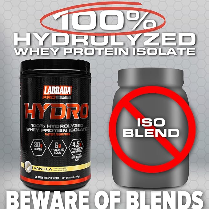 LABRADA Hydro 100% Pure Hydrolyzed Whey Protein Isolate Powder Lactose Free 6g BCAA’s 4.5g Glutamine Fastest Digesting Whey Available Instant Mixing Delicious Taste 20 Servings (Vanilla)