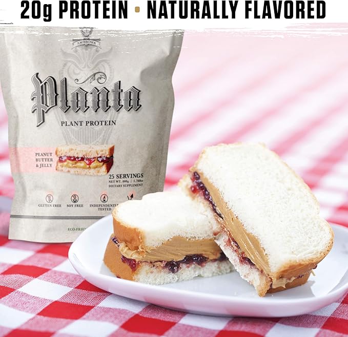 Ambrosia Planta - Plant-Based Protein Powder 20g | Dairy Free Vegan Protein Powder with BCAA Amino Acids | Keto-Friendly No Added Sugar | 25 Servings | Peanut Butter &amp Jelly
