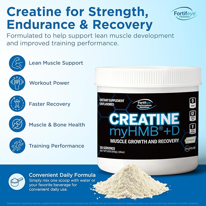 Creatine Monohydrate Powder 30 Servings Unflavored with HMB 3000mg and Vitamin D 12.5mcg Creapure Supplement 5g Per Serving for Daily Strength Training Performance Muscle Support for Adults
