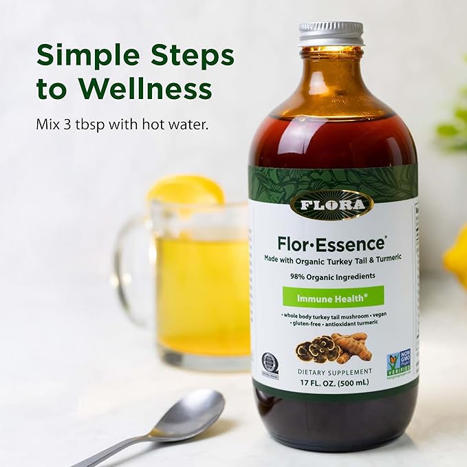 Flora Health Flor-Essence with Turkey Tail &amp Turmeric Rich in Polysaccharides 35+ Phenolic Compounds with Antioxidants and Immunity Support 32-fl. oz. Glass Bottle