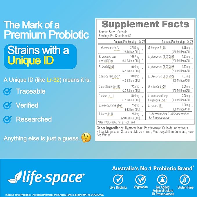 Life-Space Probiotic for 60+ Years 30B CFU &amp 15 strains Probiotics for Digestive Health &amp Regularity Immune Support Golden Standard Probiotics for Men and Women Bifidobacterium lactis 60