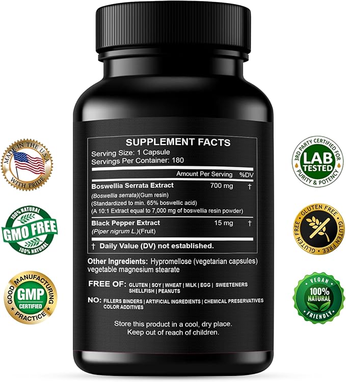 HCL HERBAL CODE LABS Boswellia Serrata Extract Capsules 65% Boswellic Acid 700mg Equal to 7000mg Resin Powder Extra Strength &amp Superior Absorption 6 Month Supply 180 Vegan Capsules Non-GMO