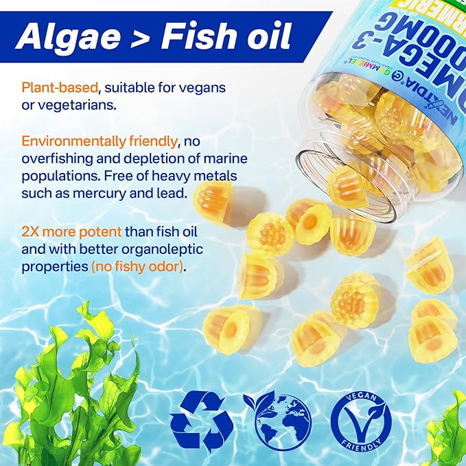 Vegan Omega-3 Gummies 1000mg + Turmeric - Omega 3 Fish Oil Alternative for Adults - Algae DHA 600mg &amp EPA 300mg Vitamins A C E Zinc &amp MSM Sugar Free 120 Cts