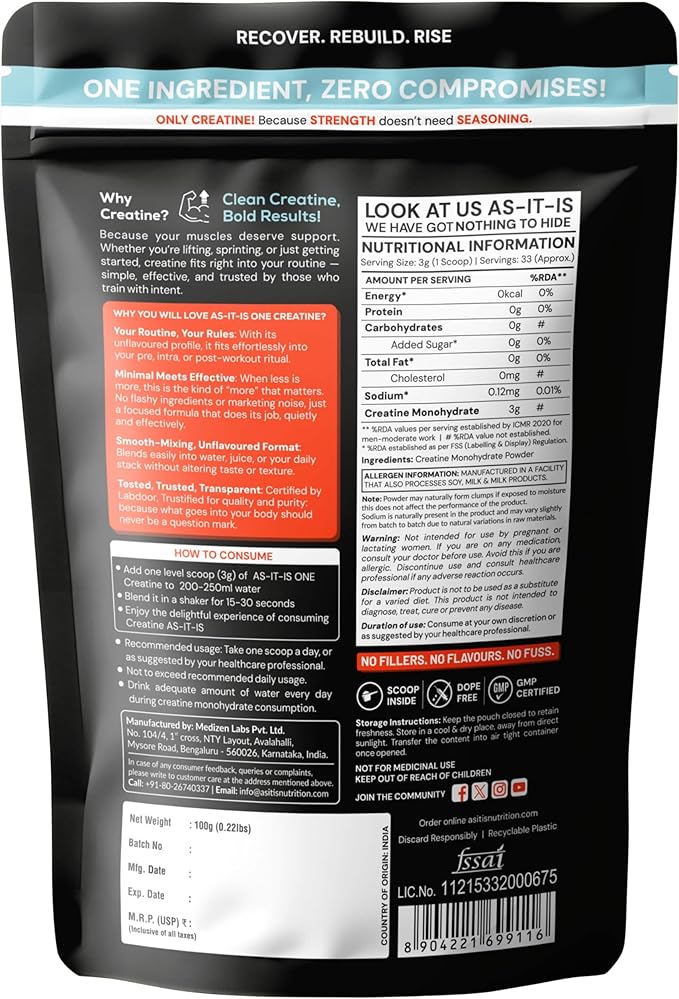 AS-IT-IS Nutrition Creatine Monohydrate 100gms/3.5 Oz | USA Labdoor Certified for Accuracy &amp Purity Gluten-free No Preservatives Pre-and Post-workout Supplement