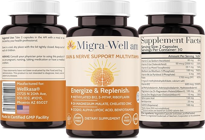 Migra-Well AM: Energizing Daily Methylated Multivitamin with Bioavailable Minerals &amp Antioxidants Supporting Brain &amp Nerve Health for Women and Men - Without Iron (60 Capsules)