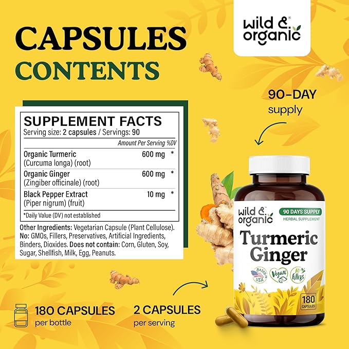 Wild &amp Organic Turmeric and Ginger Supplement Capsules - Mobility &amp Immune Support - Turmeric with Ginger and Black Pepper Capsules - 90 Days of Supply - Vegan No Fillers Non-GMO - 180 Count