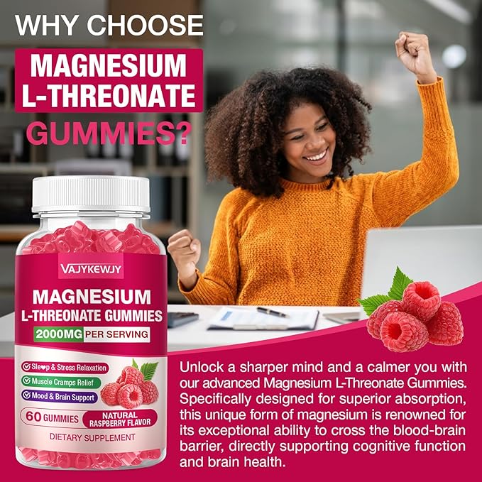 2 Pack Magnesium L-Threonate Gummies - 2000mg for Brain Muscle &amp Nervous System Support. Sugar-Free Raspberry Flavor 120 Count for Kids &amp Adults