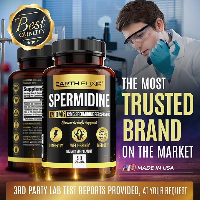 Earth Elixir Spermidine Supplements 1200mg (90 Capsules) – Anti Aging - 3rd Party Tested (12mg Spermidine Powder) Max Purity - 100% Pure Espermidina- Fermented Wheat Germ Extract - NMN Alternative