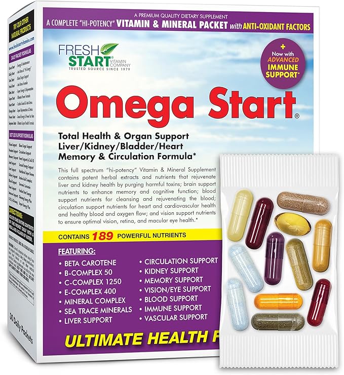 Omega Start All-in-One Daily Multivitamin Pack | Organ Health &amp Detox | Milk Thistle Dandelion Chanca Piedra &amp Nettle | 30-Day Supply