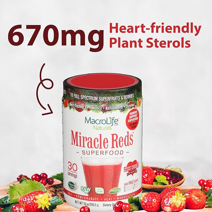 MacroLife Naturals Miracle Reds Superfood Powder 19 Blended Fruit &amp Berry Polyphenols Enzymes Probiotics &amp Antioxidants Supplement - Raw Non-GMO &amp Vegan Whole Food Vitamins - 30 Servings