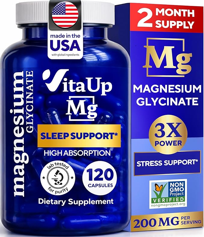 Magnesium Glycinate 200mg - USA Made Highly Absorbed Non-GMO Magnesium for Relaxation Deep Sleep Bones &amp Heart - 200mg per Serving 120 Vegan Capsules