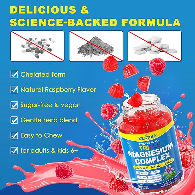 Magnesium Glycinate Gummies + Omega-3 Saffron for Kids 6+ &amp Adults Kids Focus Calm Magnesium Gummies Sugar Free Triple Magnesium Complex 500mg/250mgGlycinate Malate Taurate Theanine1P