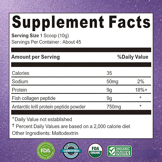 Marine Collagen Powder Hydrolyzed Cod Fish &amp Krill Peptides Premium Marine Collagen Supplement for Women &amp Men – Supports Hair Skin Nails &amp Joint Health Gluten-Free 454g