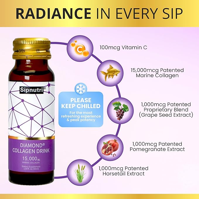 Diamond Collagen Drink 15000mg Marine Collagen Peptides Liquid Shots Best Served Chilled to Minimize Fish Taste Supports Skin Hair &amp Nail Health -1.69 fl oz x10