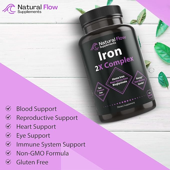 Iron Supplement 2-in-1 Complete Complex - Natural Flow 2X Heme and Chelated Non Heme Iron Bisglycinate Folate B and Vitamin C for Anemia and Blood Building Support Gentle on Stomach 60 Caps (60)